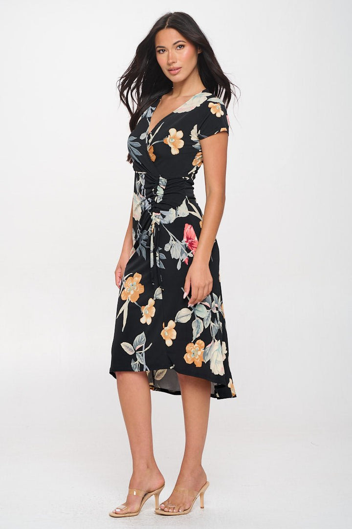 Image of West K Emma Ruched Midi Wrap Dress Black Yellow Floral