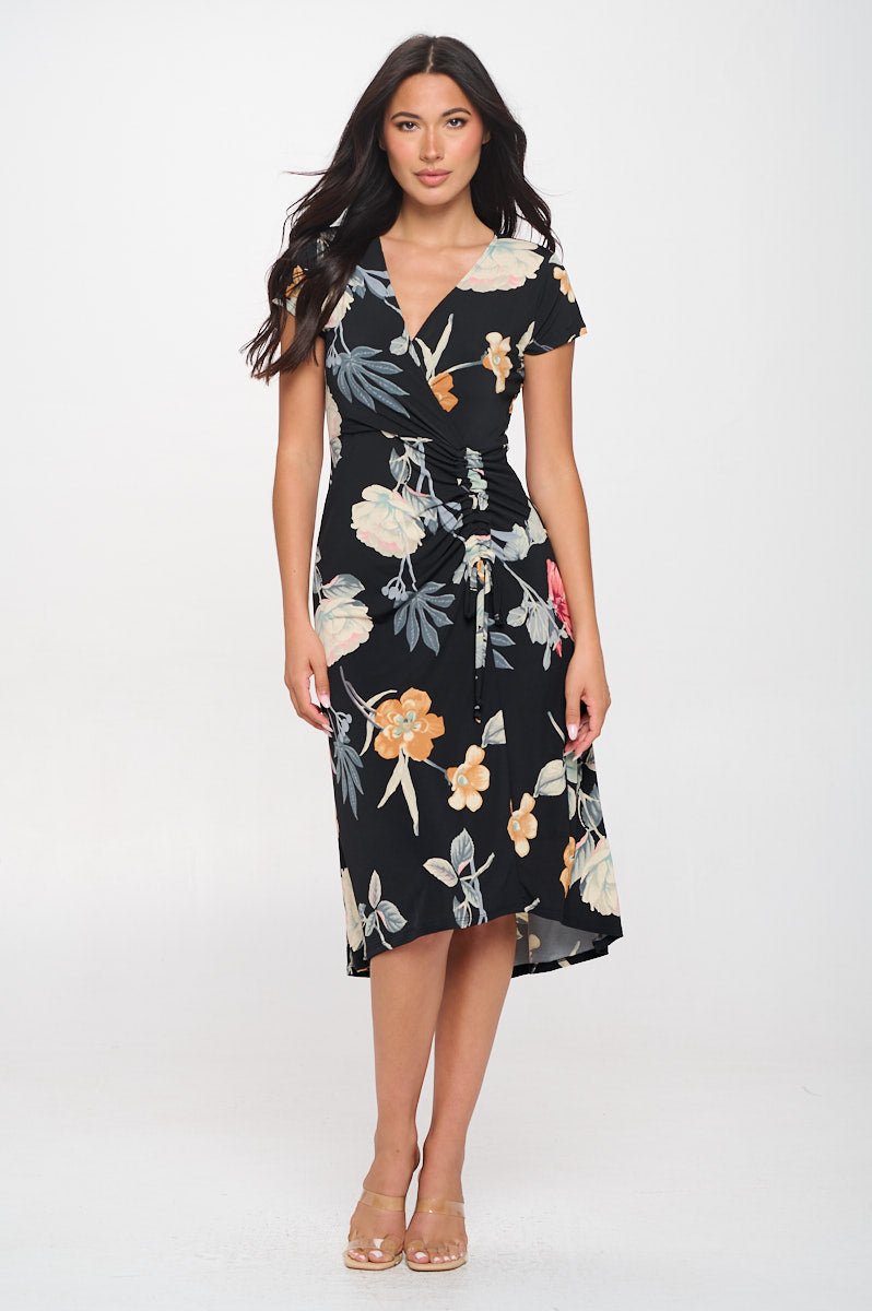 Image of West K Emma Ruched Midi Wrap Dress Black Yellow Floral