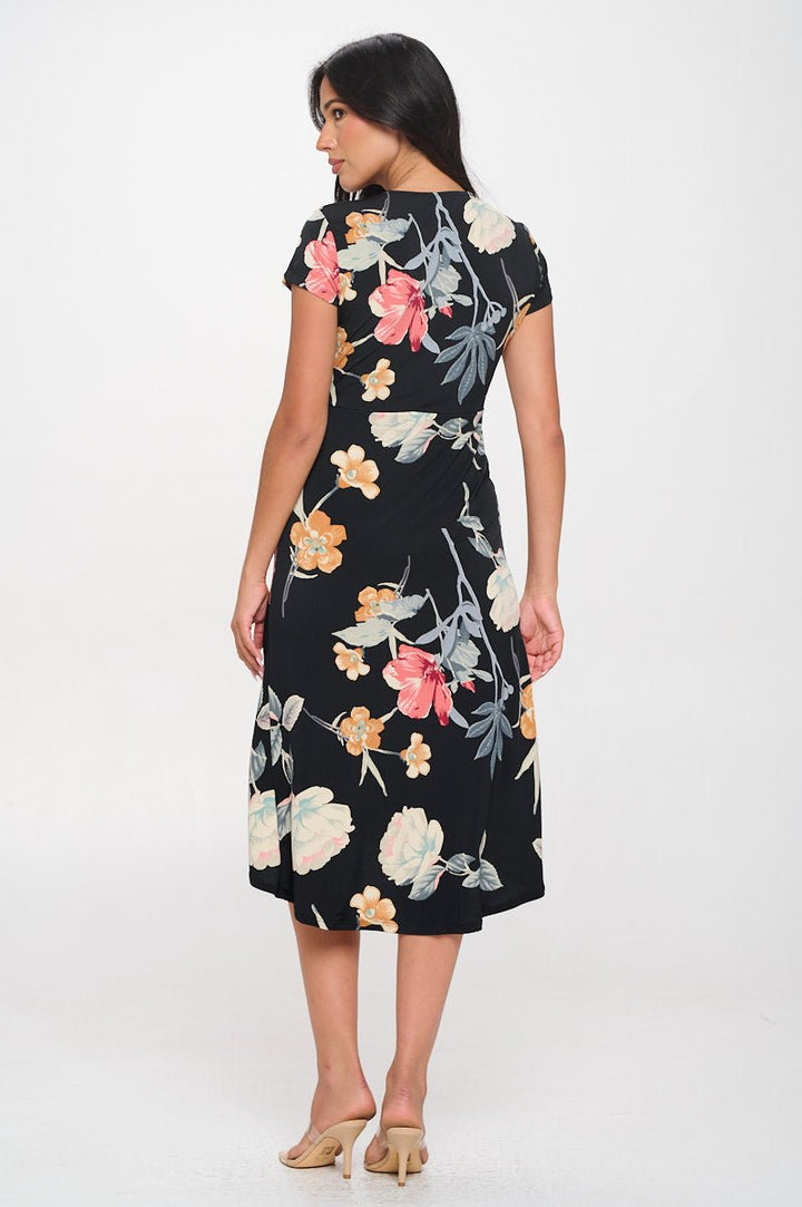 Image of West K Emma Ruched Midi Wrap Dress Black Yellow Floral