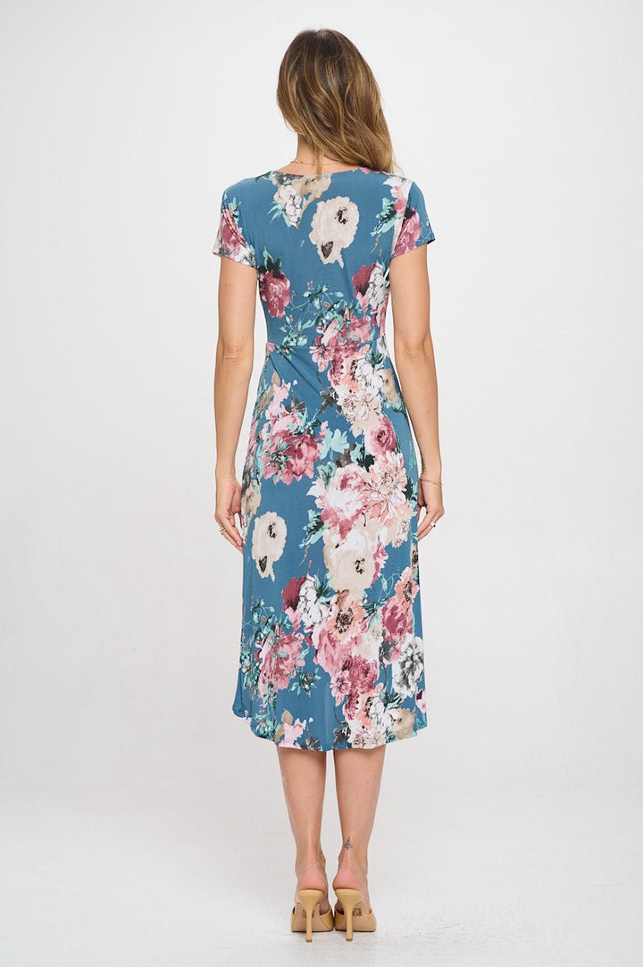 Image of West K Emma Ruched Midi Wrap Dress Blue Mauve Floral