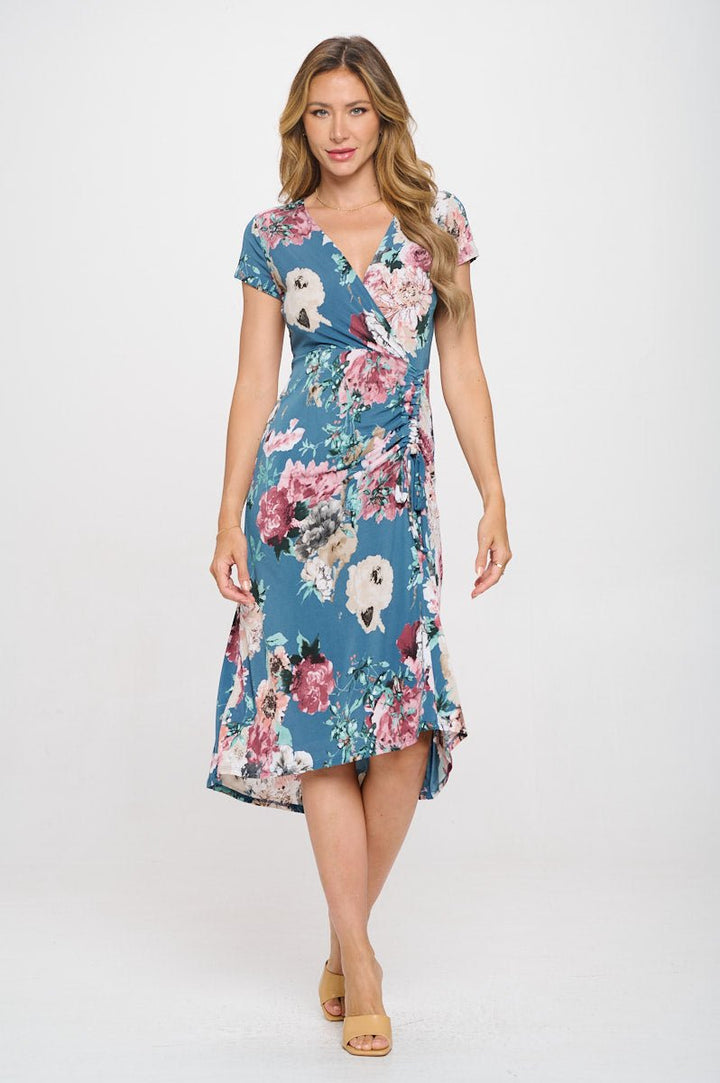 Image of West K Emma Ruched Midi Wrap Dress Blue Mauve Floral