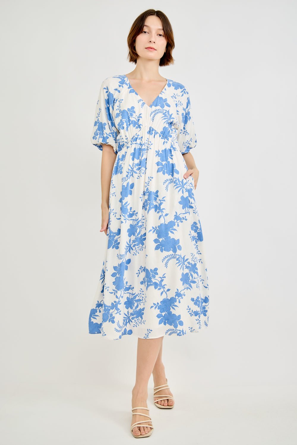 Image of West K Empire Waist Printed Midi Dress Blue/Wht Floral