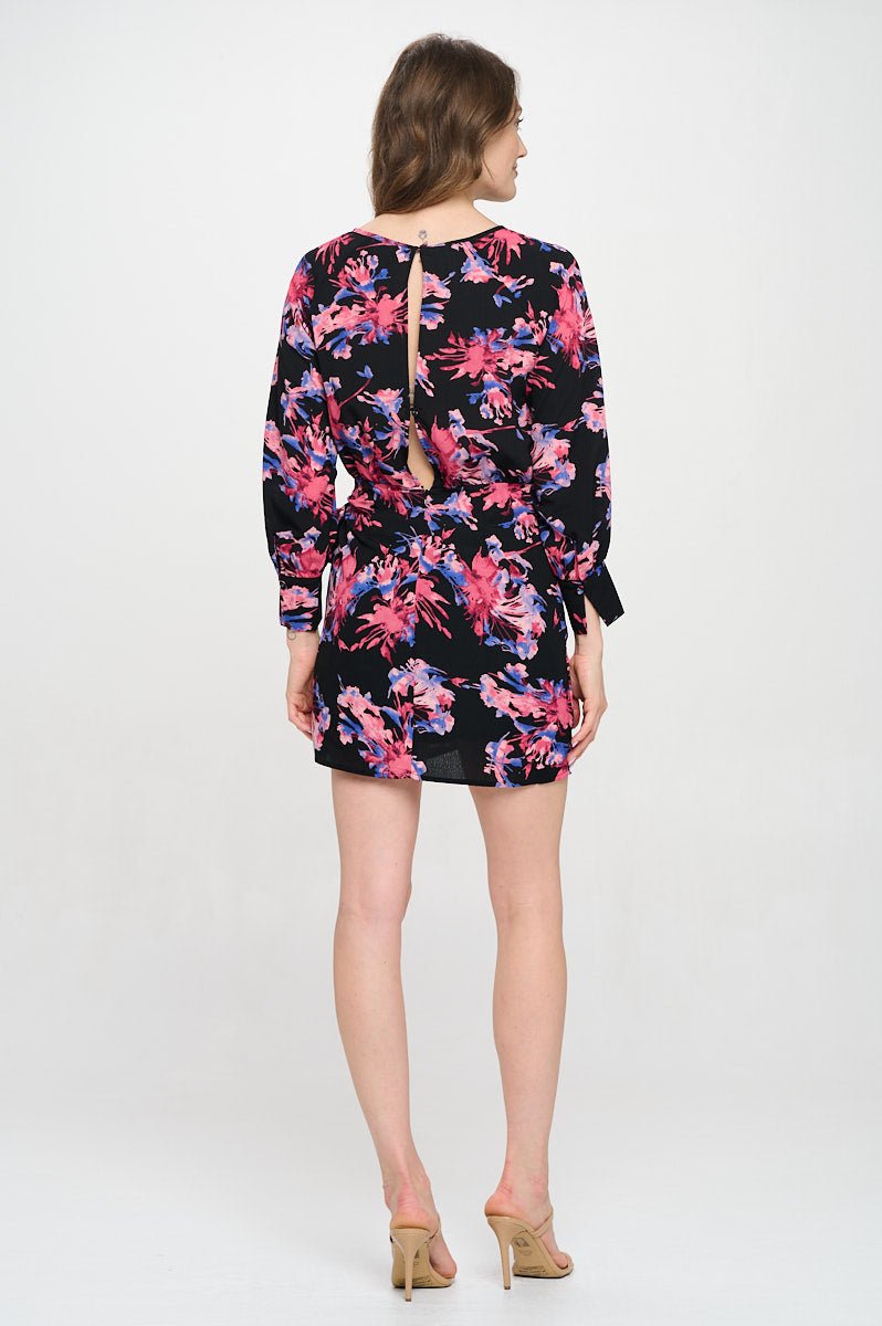 Image of West K Erika Long Sleeve Wrap Skirt Keyhole Neck Mini Dress BLack Magenta Floral