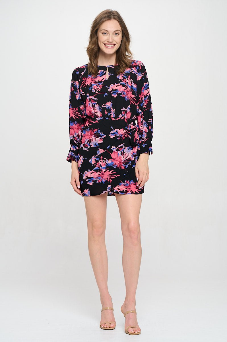 Image of West K Erika Long Sleeve Wrap Skirt Keyhole Neck Mini Dress BLack Magenta Floral