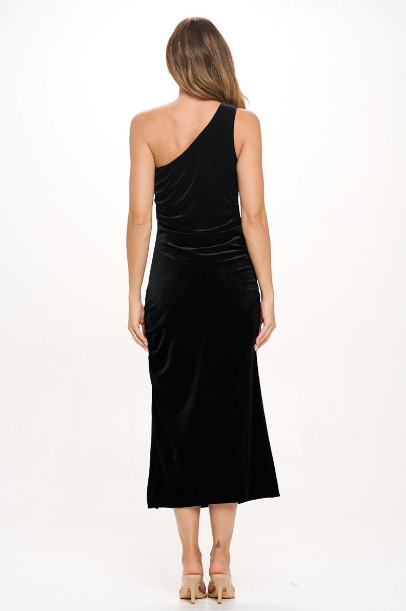 Image of West K Evelyn Velvet One Shoulder Midi Dress Black