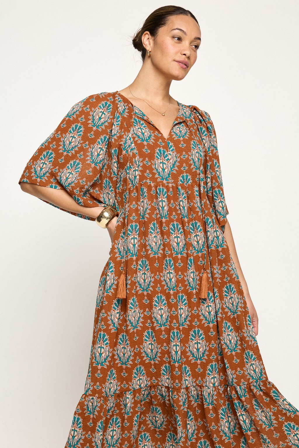 Image of West K Everly Flowy Tiered Dress with Tassels Sage