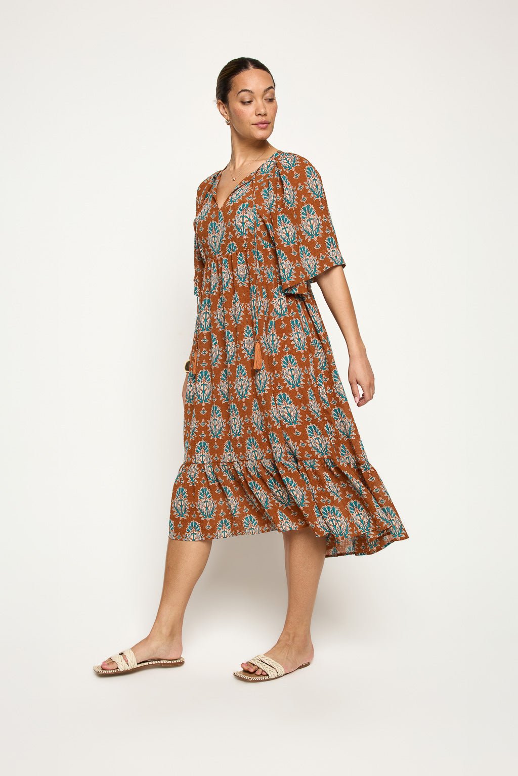 Image of West K Everly Flowy Tiered Dress with Tassels Sage