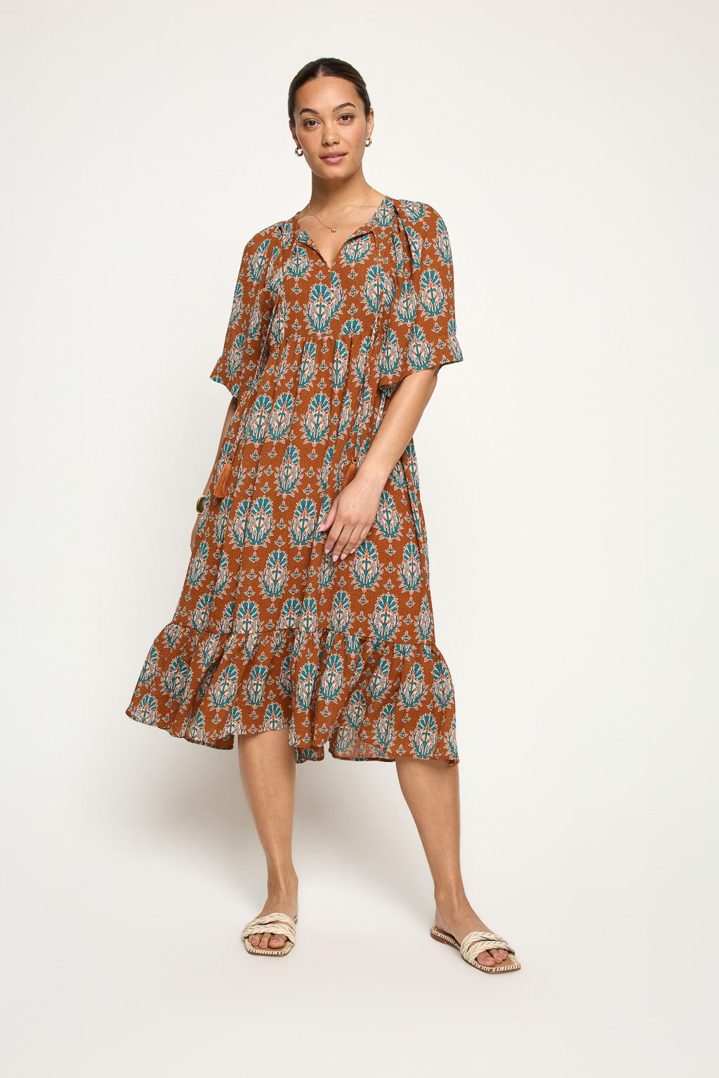 Image of West K Everly Flowy Tiered Dress with Tassels Sage