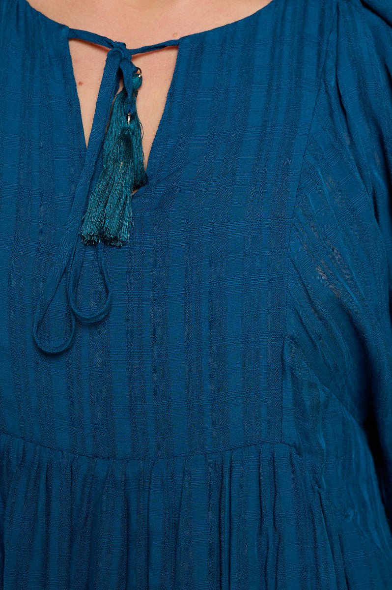 Image of West K Everly Flowy Tiered Dress with Tassels Teal Blue