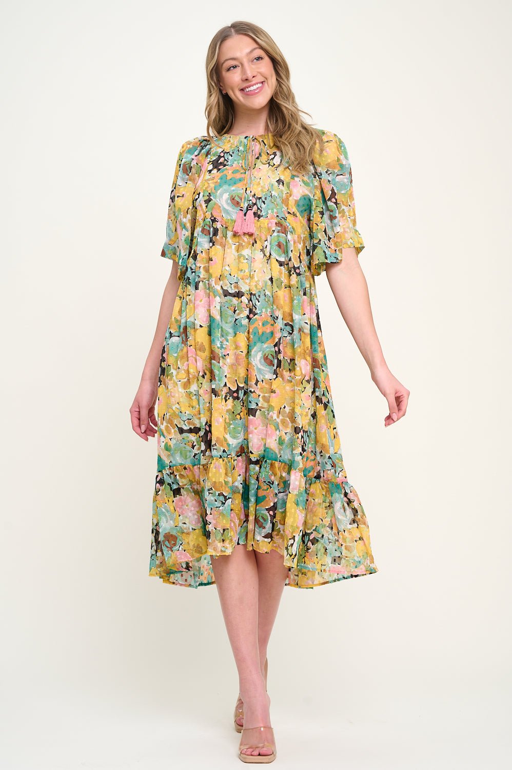 Image of West K Everly Flowy Tiered Dress with Tassels Yellow Green Floral