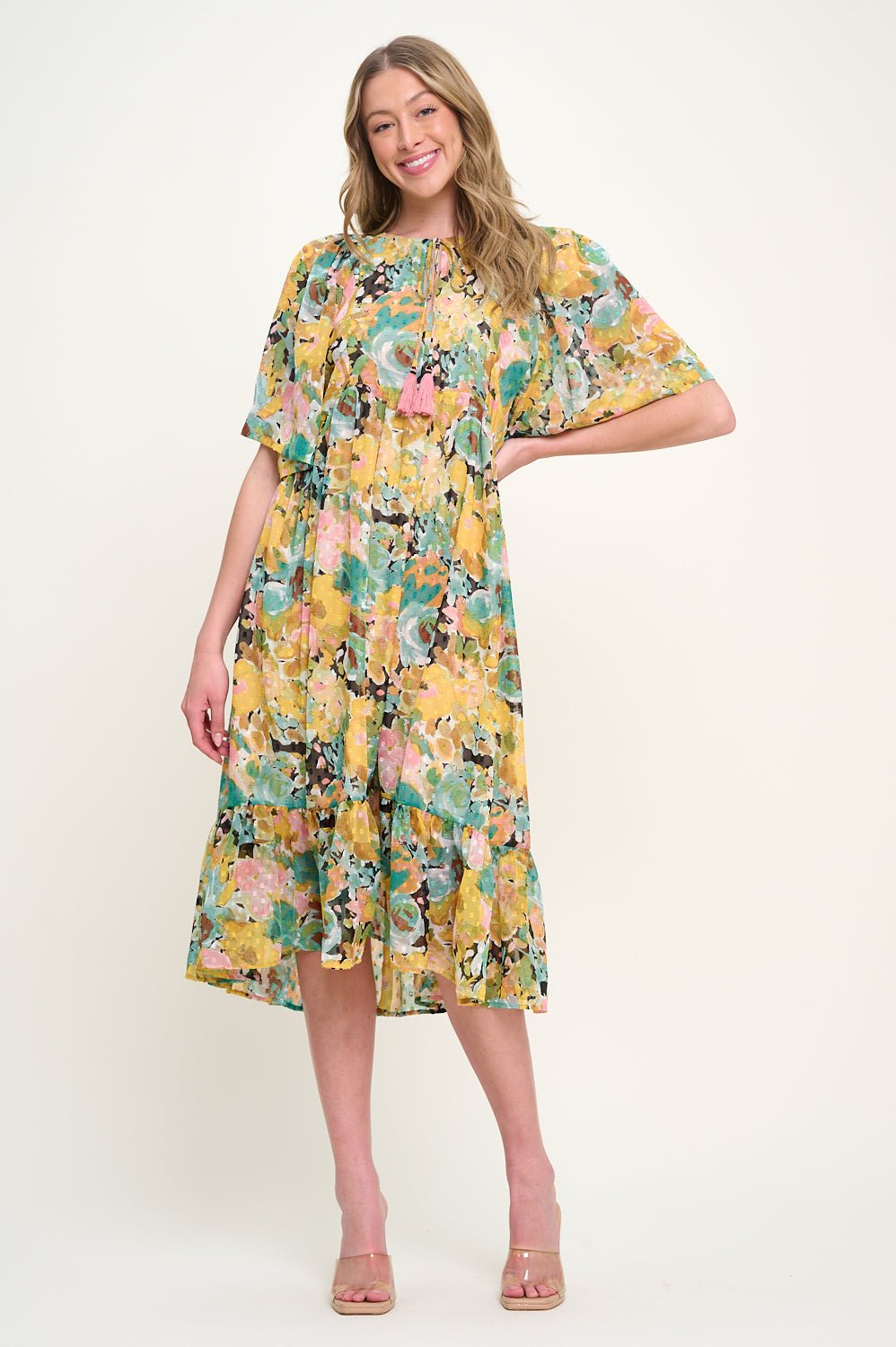 Image of West K Everly Flowy Tiered Dress with Tassels Yellow Green Floral