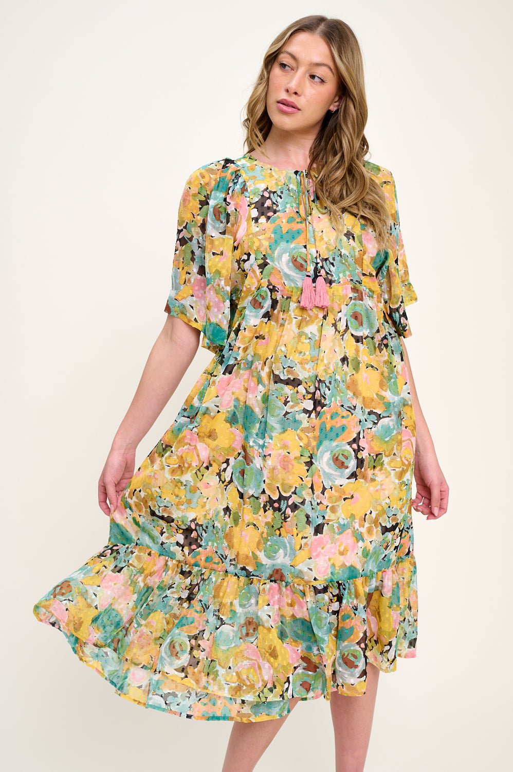 Image of West K Everly Flowy Tiered Dress with Tassels Yellow Green Floral