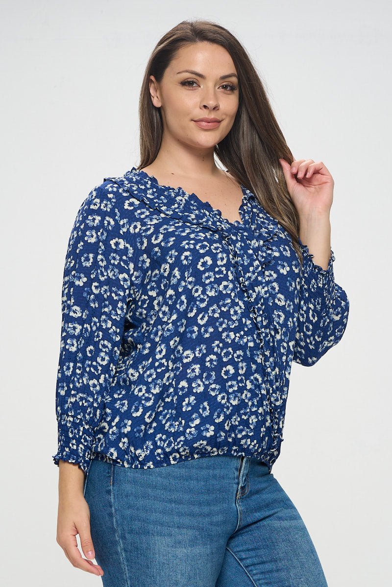 Image of West K Faye Plus Size Ruffle Detail Smocked Sleeve Blouse Royal Blue Floral