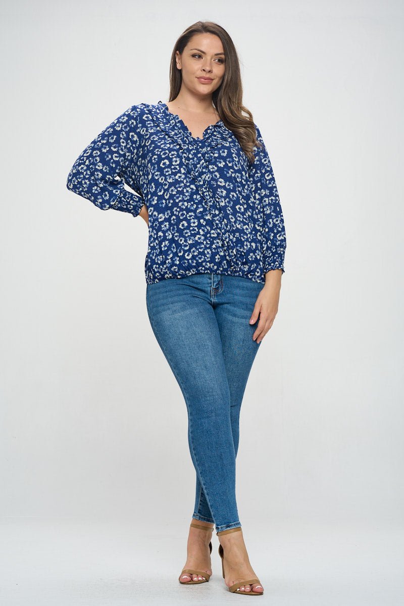 Image of West K Faye Plus Size Ruffle Detail Smocked Sleeve Blouse Royal Blue Floral