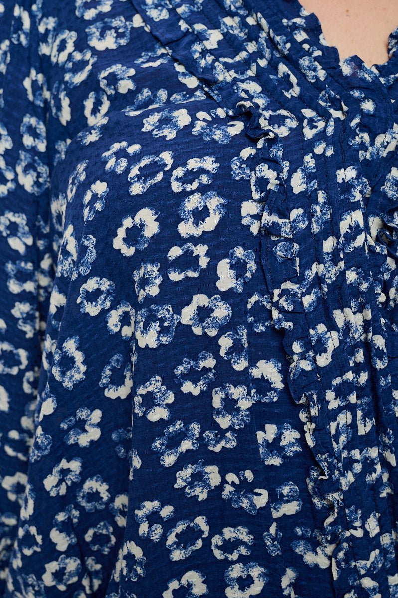 Image of West K Faye Plus Size Ruffle Detail Smocked Sleeve Blouse Royal Blue Floral