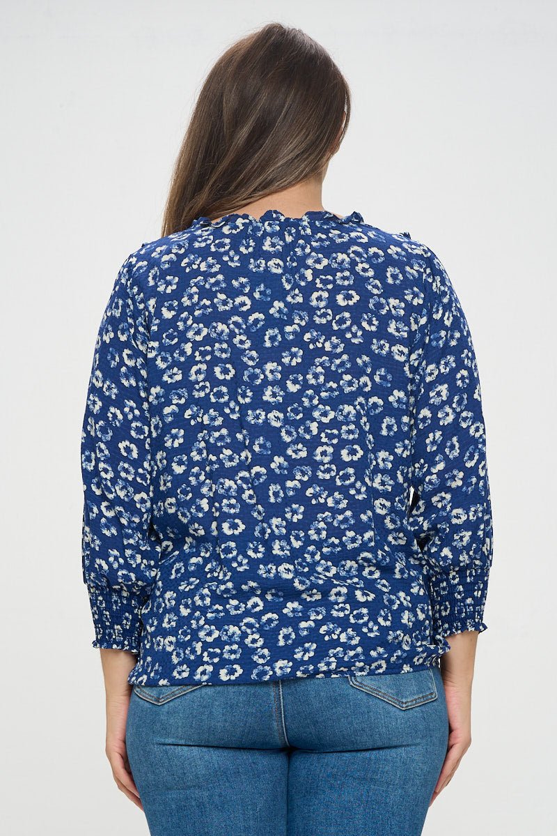 Image of West K Faye Plus Size Ruffle Detail Smocked Sleeve Blouse Royal Blue Floral