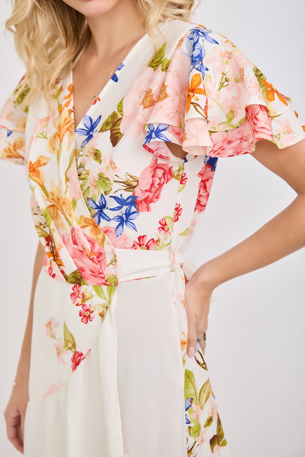 Image of West K Flutter Sleeve Wrap Maxi Dress Ivory Floral