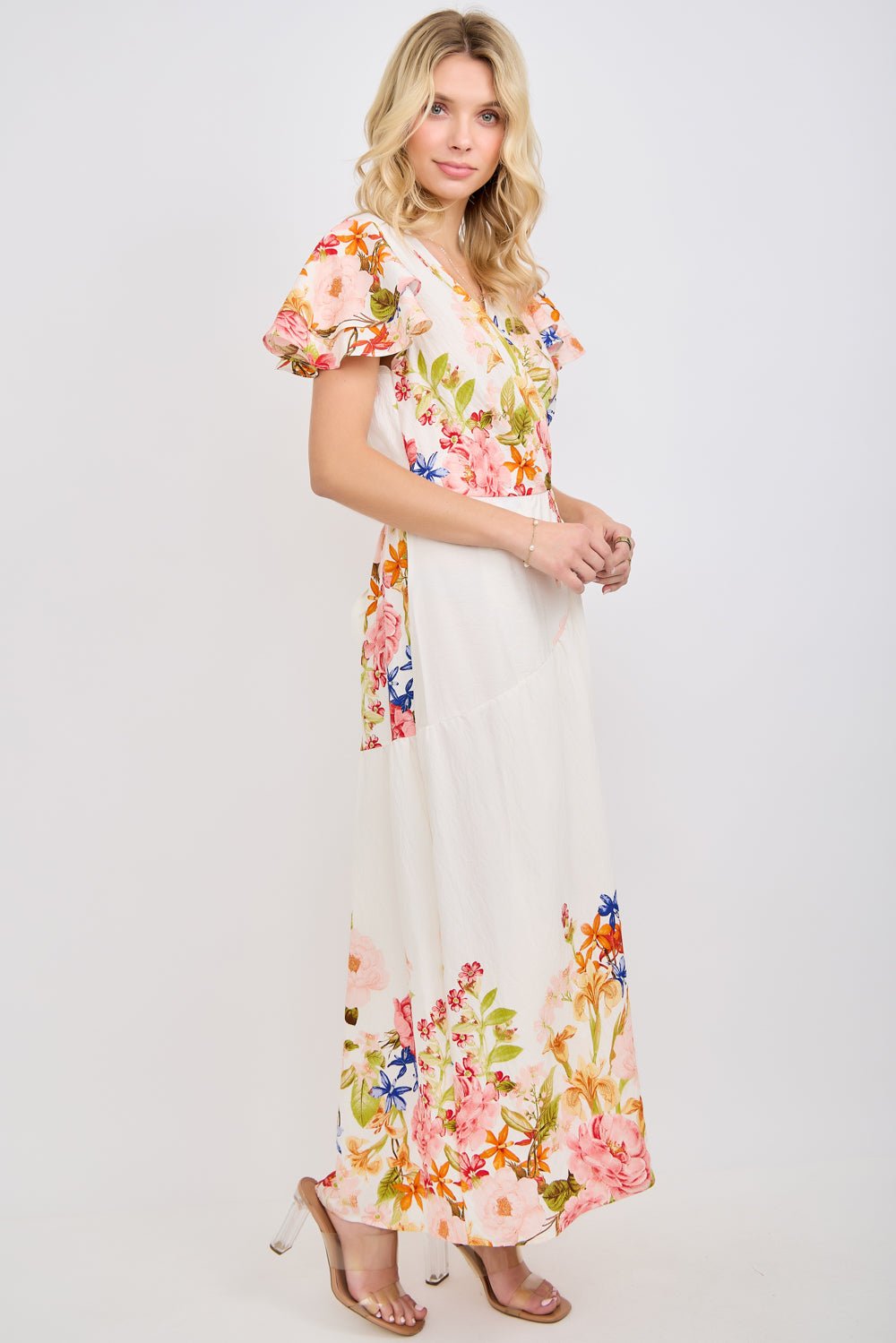 Image of West K Flutter Sleeve Wrap Maxi Dress Ivory Floral