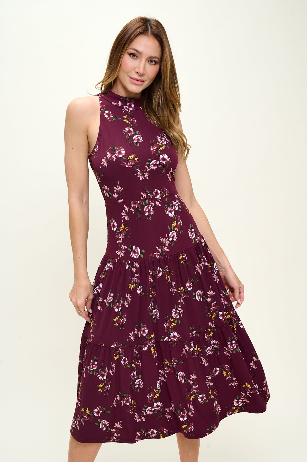 Image of West K Freja Sleeveless Mock Neck Tiered Midi Dress Burgundy Floral