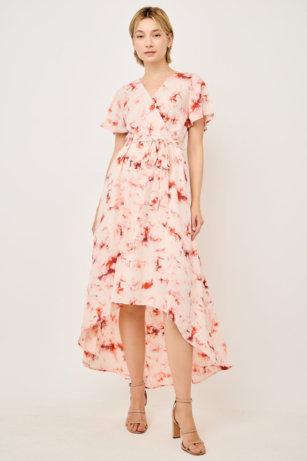 Image of West K Georgette Faux Wrap High - Low Midi Dress Orange Tie Dye