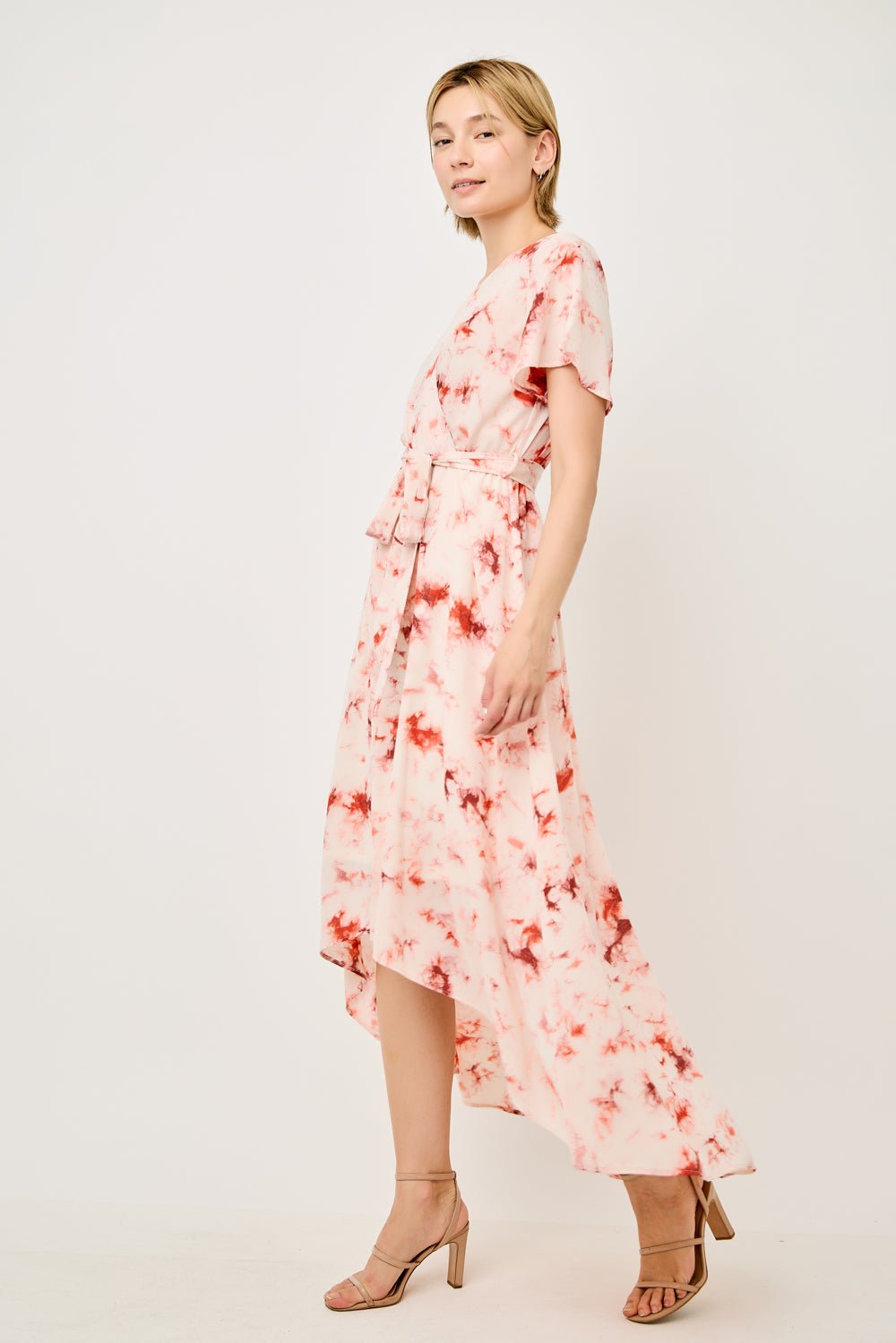 Image of West K Georgette Faux Wrap High - Low Midi Dress Orange Tie Dye