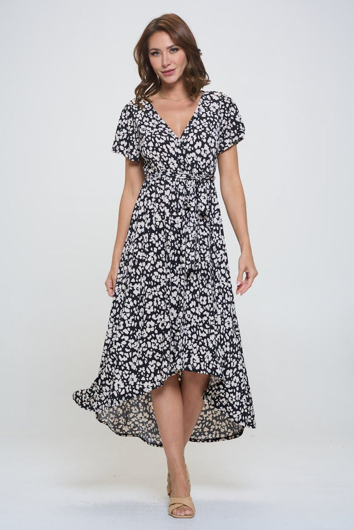 Image of West K Georgia Faux Wrap Hi - Lo Knit Dress Blk Wht Daisy Floral