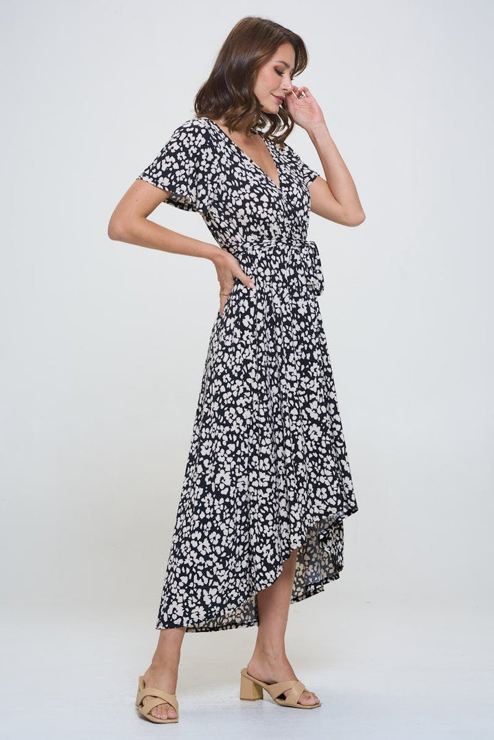 Image of West K Georgia Faux Wrap Hi - Lo Knit Dress Blk Wht Daisy Floral