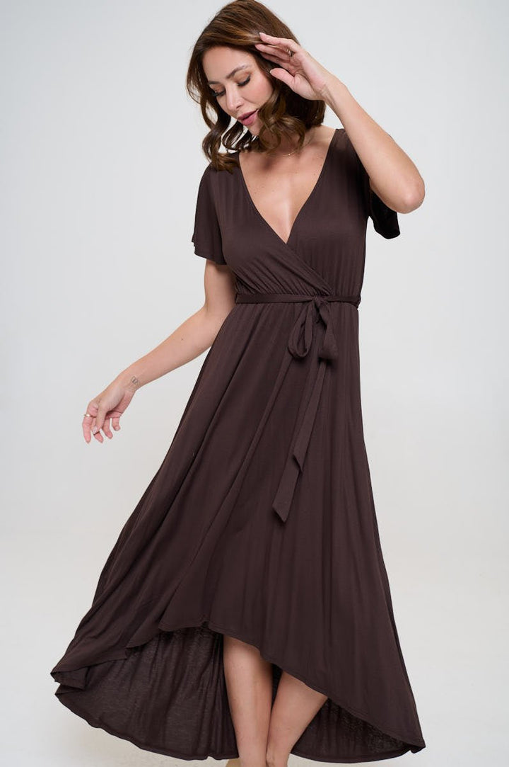 Image of West K Georgia Faux Wrap Hi - Lo Knit Dress Brown