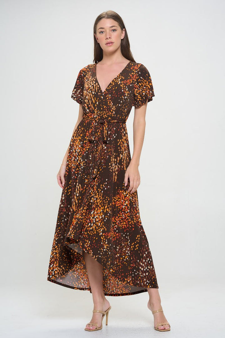 Image of West K Georgia Faux Wrap Hi - Lo Knit Dress Brown Dots