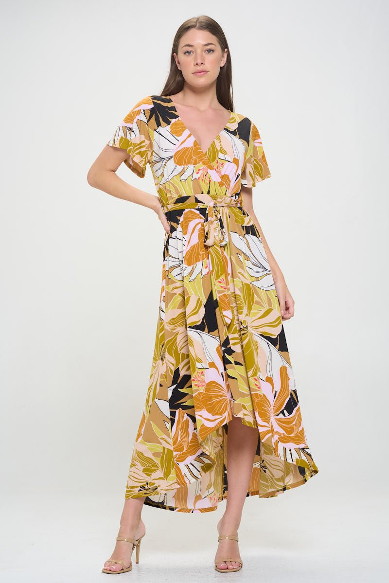 Image of West K Georgia Faux Wrap Hi - Lo Knit Dress Camel Black Floral