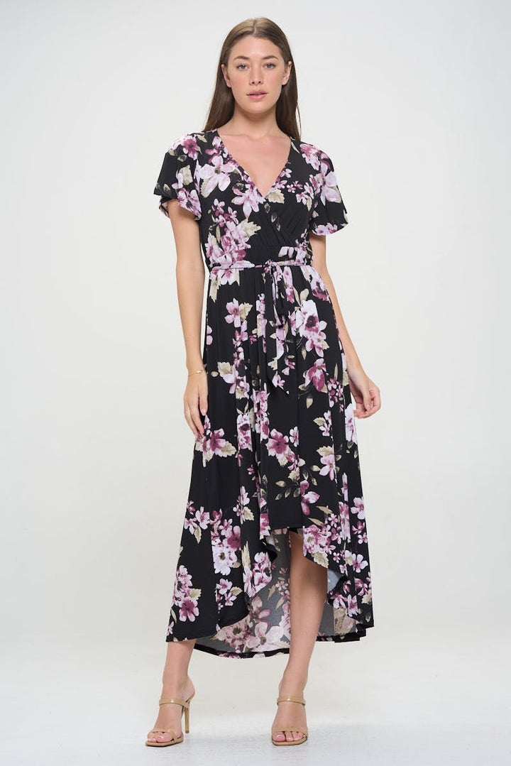 Image of West K Georgia Faux Wrap Hi - Lo Knit Dress Purple Black Floral