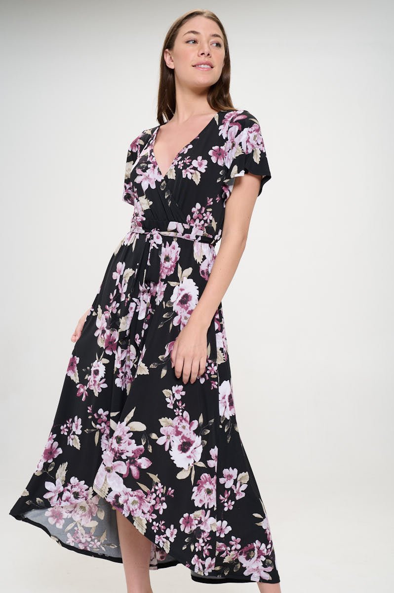 Image of West K Georgia Faux Wrap Hi - Lo Knit Dress Purple Black Floral