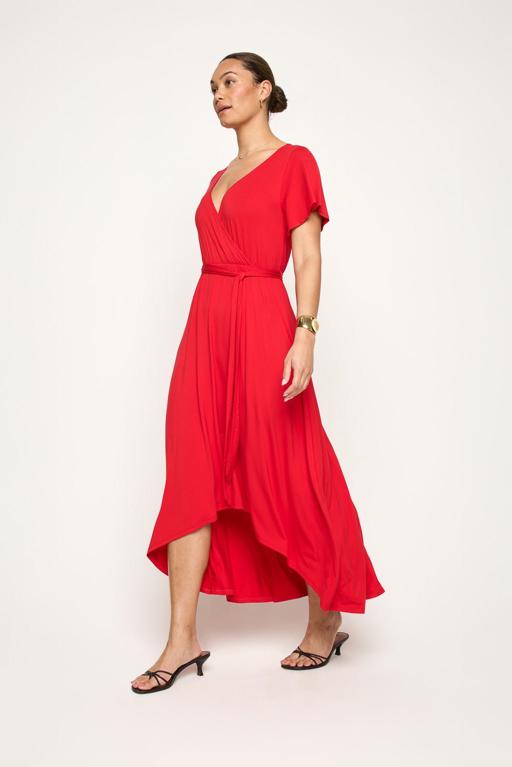 Image of West K Georgia Faux Wrap Hi - Lo Knit Dress Red