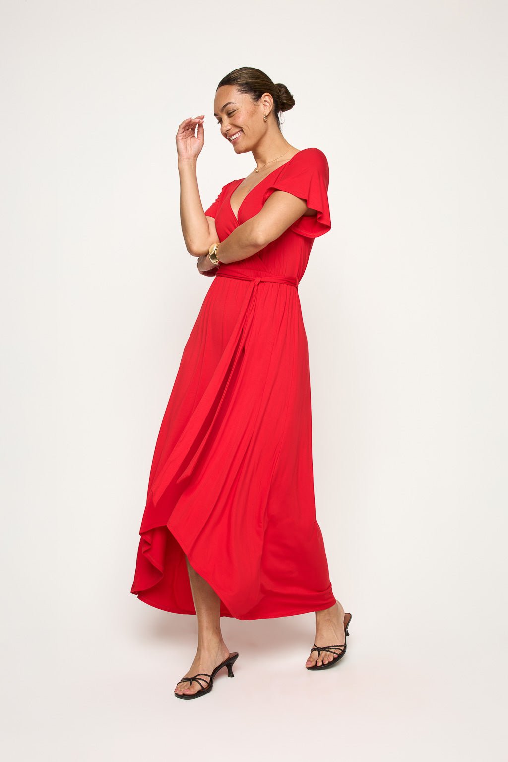 Image of West K Georgia Faux Wrap Hi - Lo Knit Dress Red