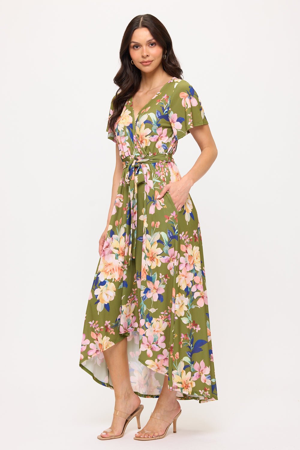 Image of West K Georgia Faux Wrap Knit Dress Army Green Floral