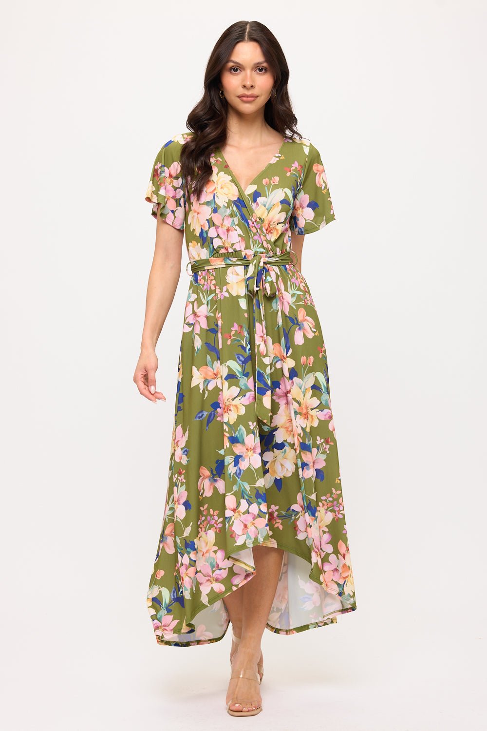 Image of West K Georgia Faux Wrap Knit Dress Army Green Floral