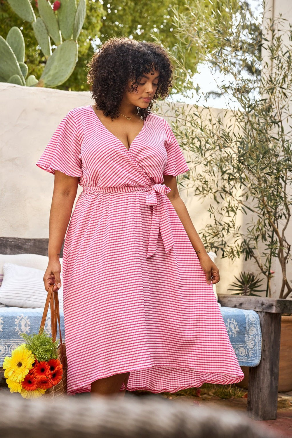 Image of West K Georgia Flutter Plus Size Sleeve High Low Hem Dress Seersucker Pink Stripe