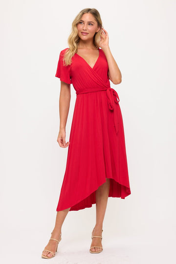 Image of West K Georgia Knee - length Faux Wrap Knit Dress Red