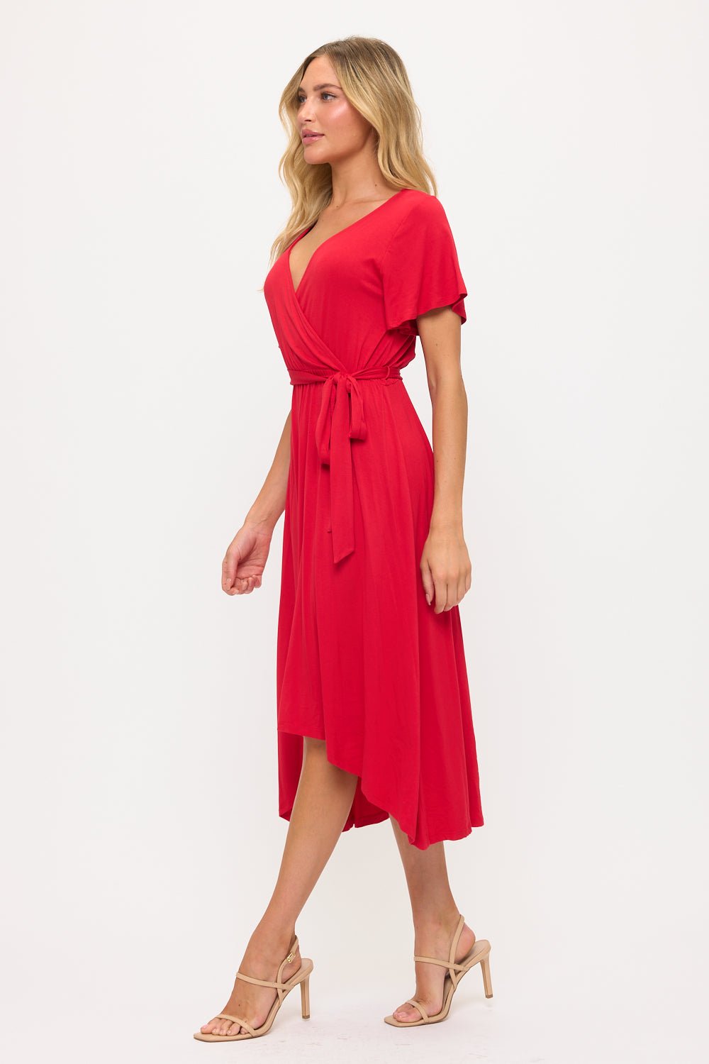 Image of West K Georgia Knee - length Faux Wrap Knit Dress Red