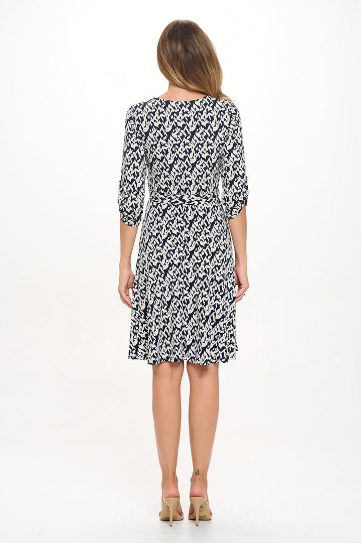 Image of West K Georgina Roll - tab Sleeve Faux - Wrap Mini Dress Navy Abstract