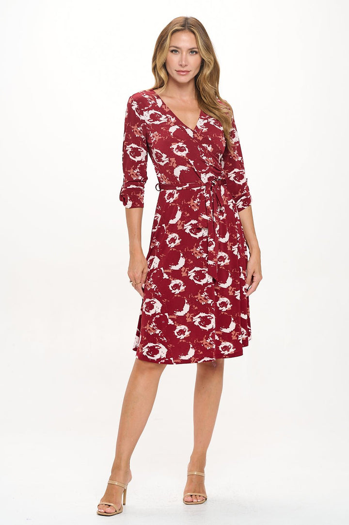 Image of West K Georgina Roll - tab Sleeve Faux - Wrap Mini Dress Wine White Floral