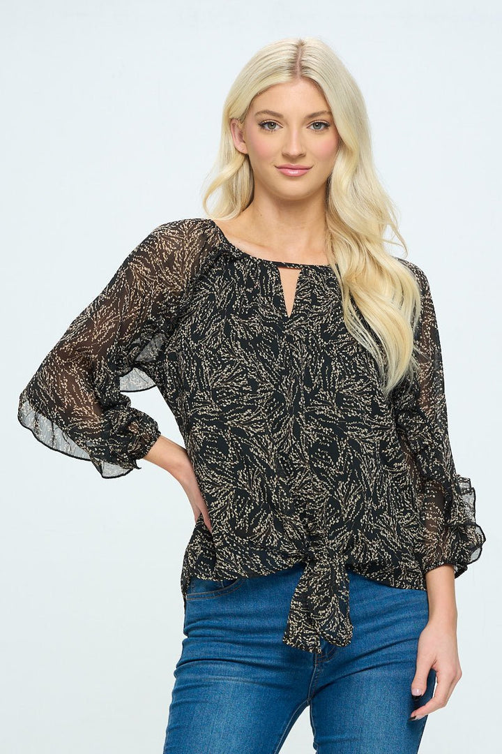 Image of West K Gia Tie Front Ruffle Blouse Black/Tan