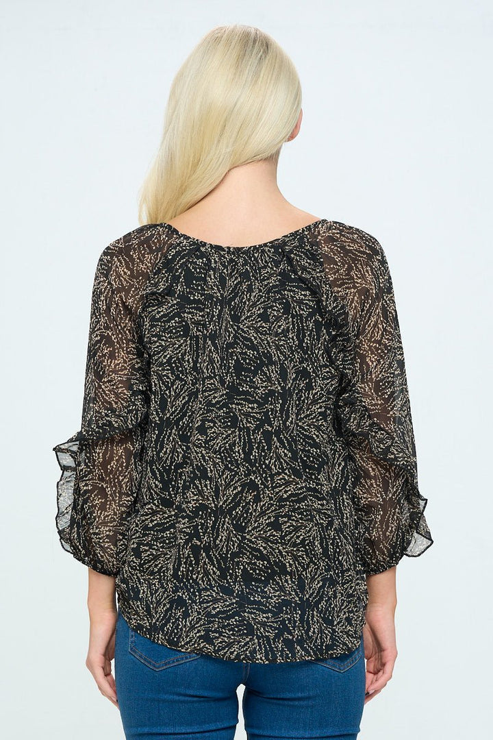 Image of West K Gia Tie Front Ruffle Blouse Black/Tan