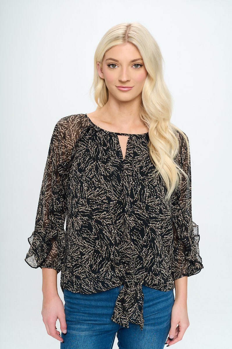 Image of West K Gia Tie Front Ruffle Blouse Black/Tan