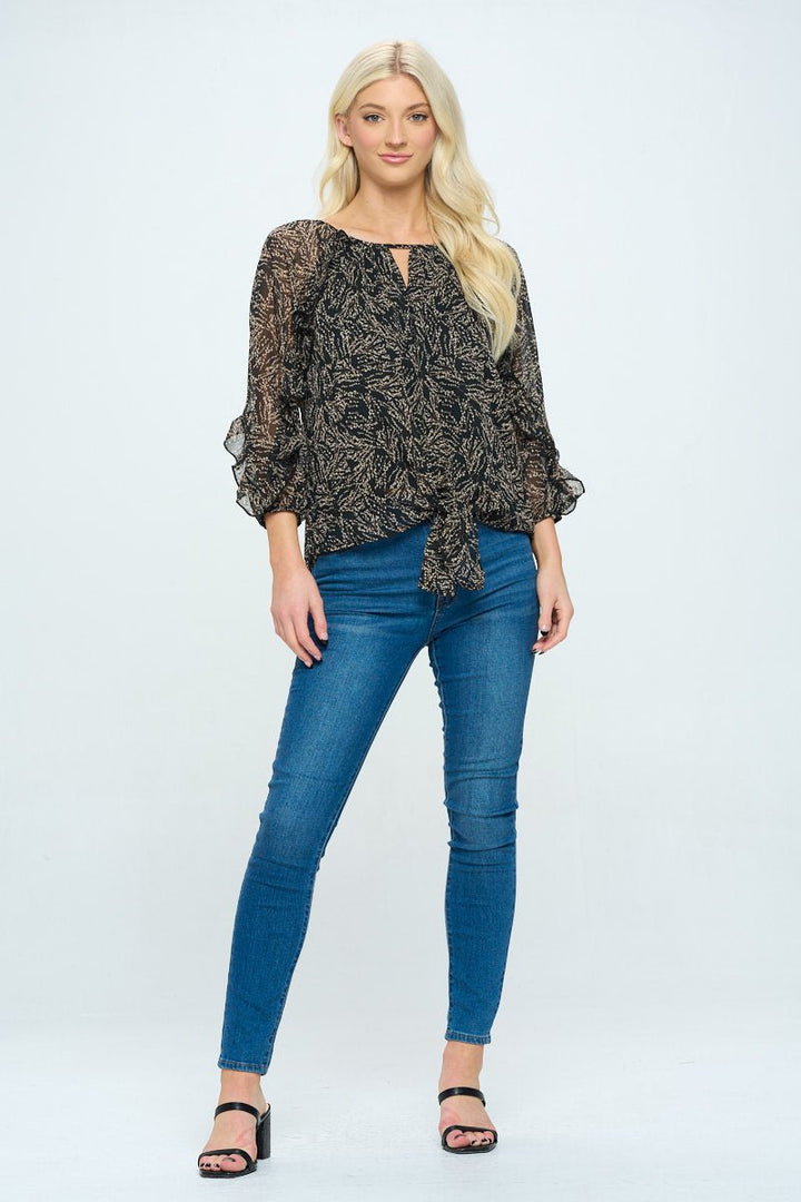 Image of West K Gia Tie Front Ruffle Blouse Black/Tan