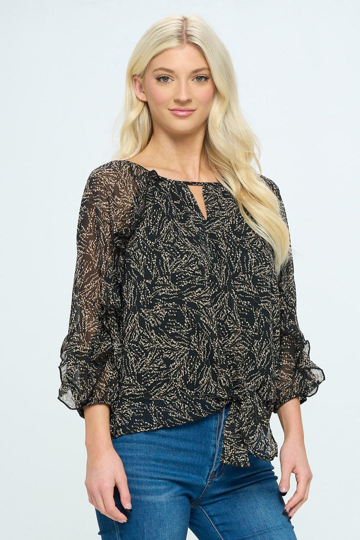 Image of West K Gia Tie Front Ruffle Blouse Black/Tan