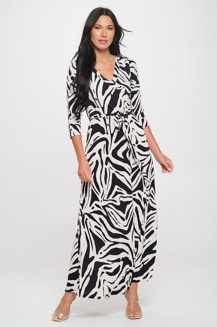 Image of West K Grace Faux - Wrap Maxi Dress with Tie Waist Black White Geo