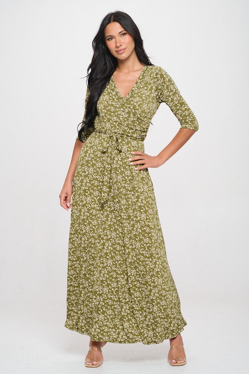 Image of West K Grace Faux - Wrap Maxi Dress with Tie Waist Green Ditzy Floral