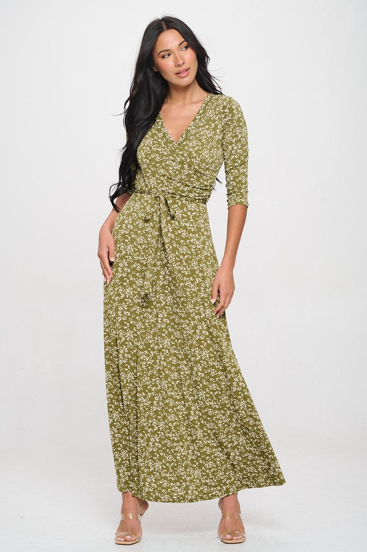 Image of West K Grace Faux - Wrap Maxi Dress with Tie Waist Green Ditzy Floral