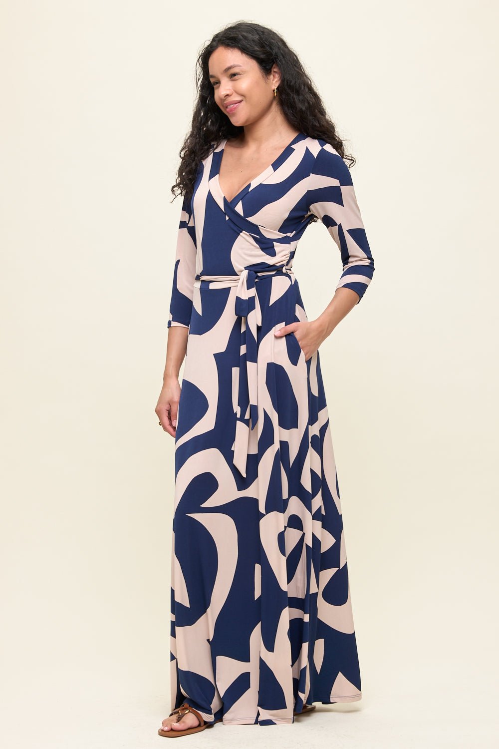 Image of West K Grace Faux - Wrap Maxi Dress with Tie Waist Navy Geo